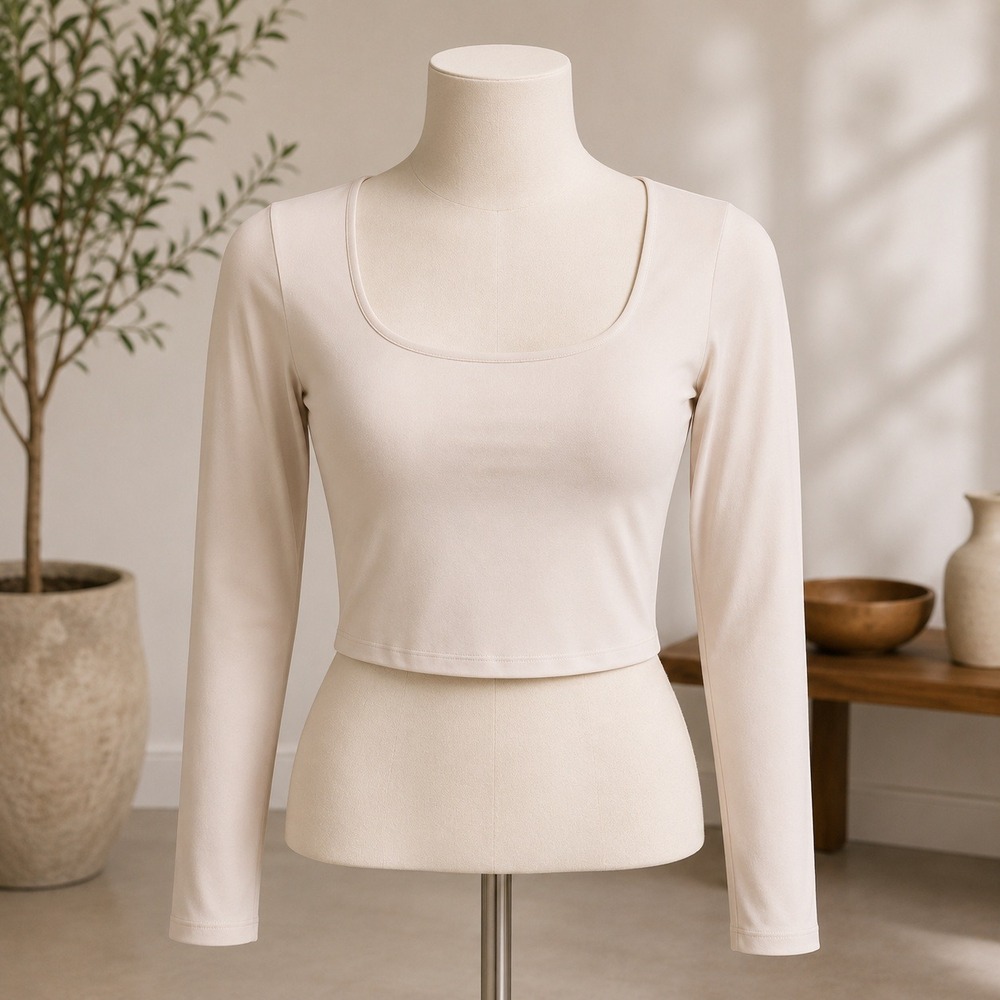 NWT Abound Square Neck Long Sleeve Top Womens XL Beige Cropped Minimalist